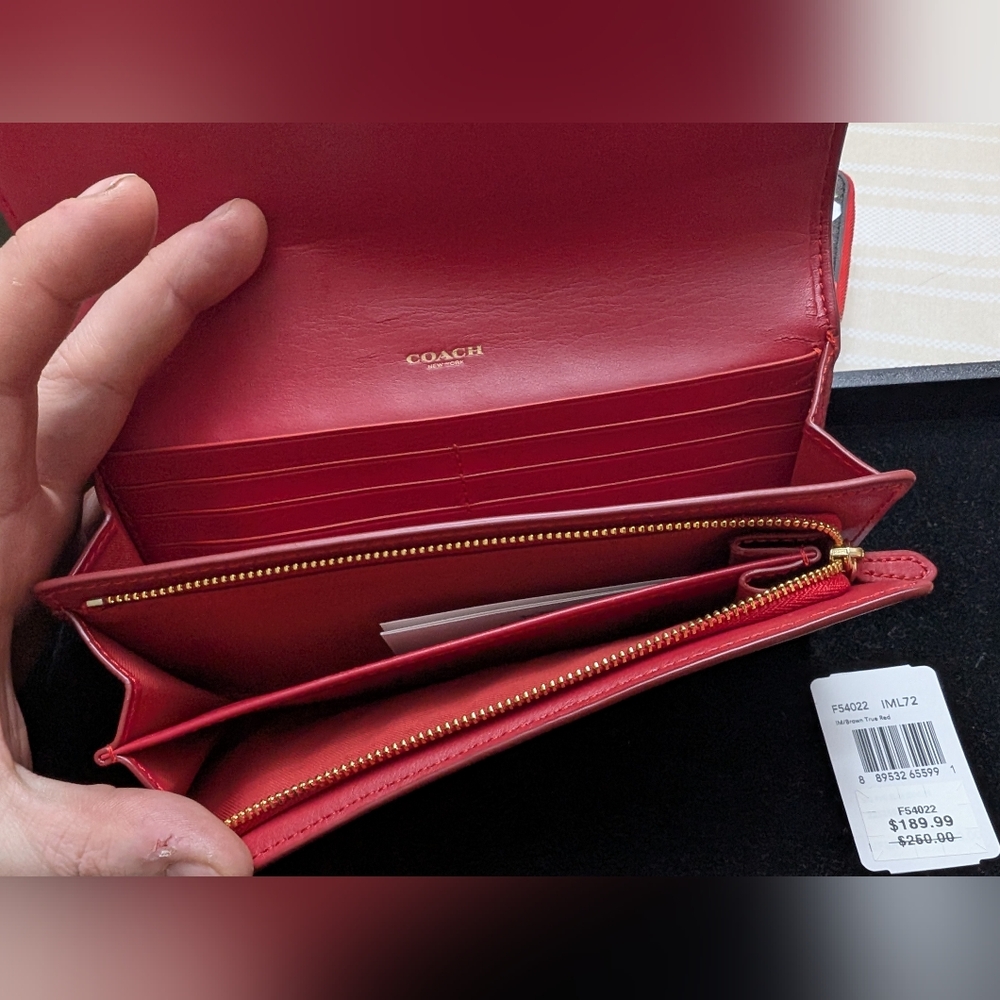 Coach Red Leather Flap Wallet with Brown Signature Canvas - Picture 2 of 3
